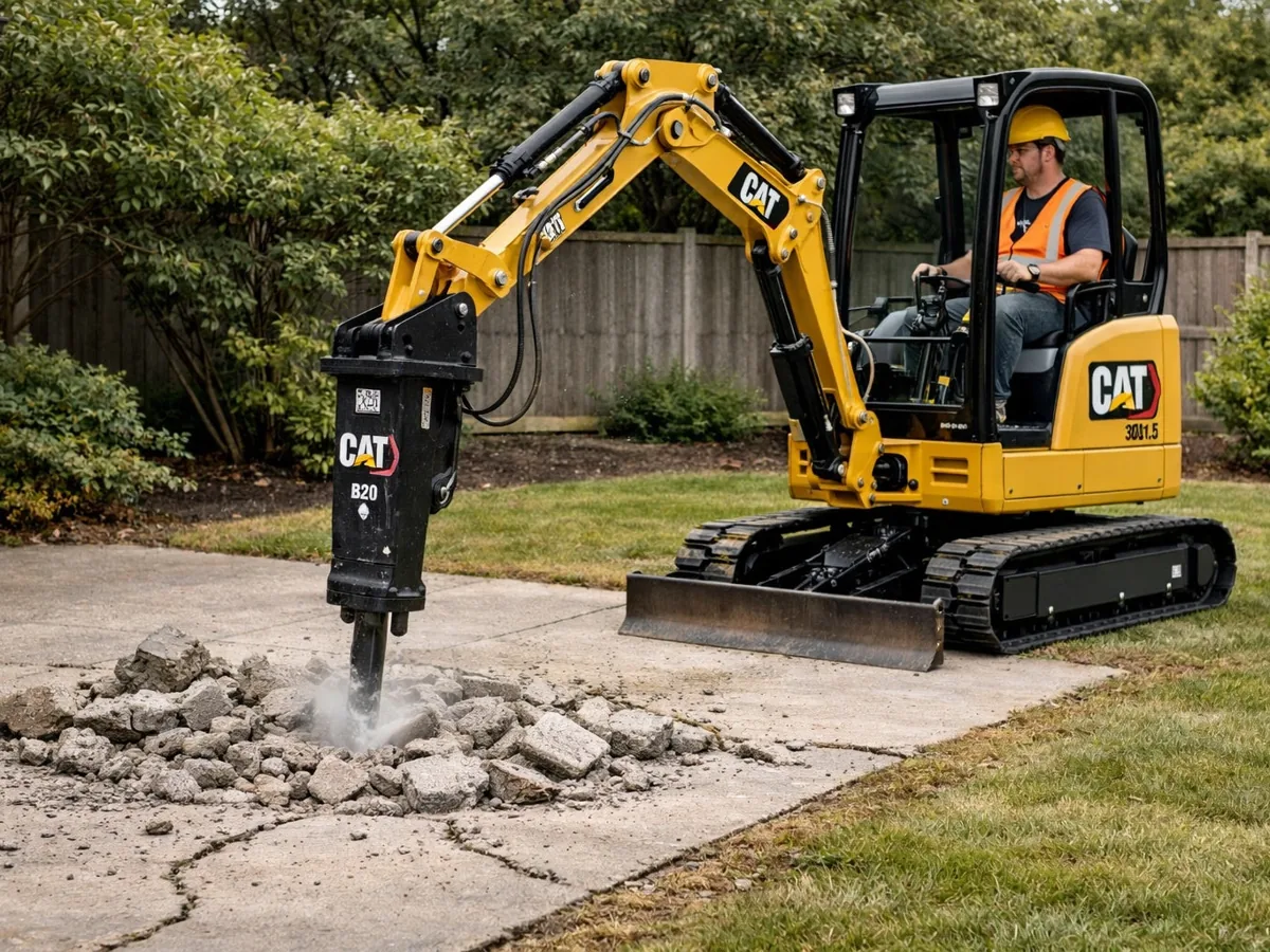 Concrete removal in progress with an excavator breaking up an old driveway