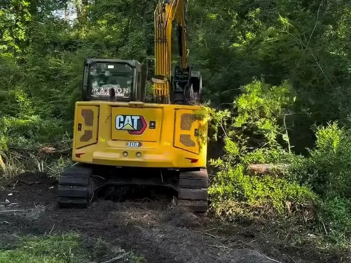 CAT 308 excavator working at the edge of a wooded lot