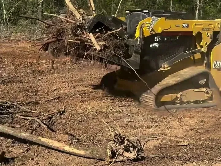 Track loader grapple carrying a load of roots and limbs across a cleared lot